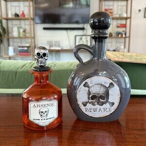 Pair of Spooky Halloween Decor Bottles with Skulls